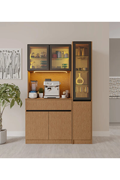 MaceraMobilya Bambu Midi Sağ Vitrinli Komple MDF LED Aydınlatmalı Kahve Köşesi