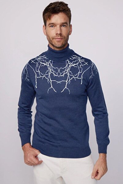 Mariposa Secret Men's Half-Turtleneck Sweater Printed Woven Knitwear - Ndigo
