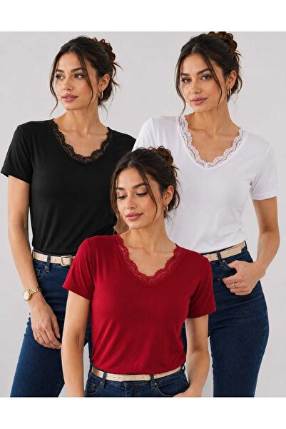 Sashaa Collection بلوزة نسائية من Sashaa مكونة من 3 قطع بياقة على شكل V من ال...