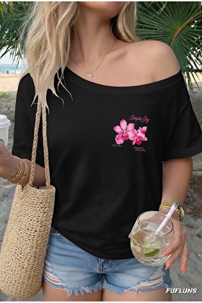 FUFLUNS Mini Simple Joy Printed Oversized Women's Boat Neck T-Shirt