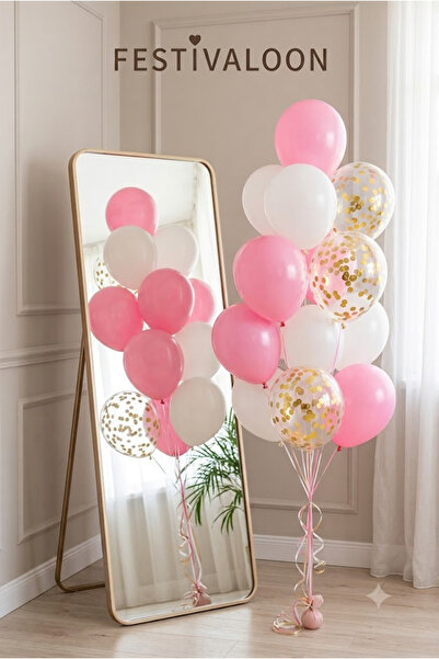 FESTİVALOON 20’li Pembe Beyaz Gold Konfetili Şeffaf Balon Seti 11 İnç Doğum G...