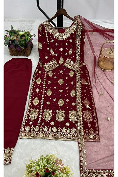 MYSMAR Maroon Faux Georgette Salwar Kameez & Dupatta Set - HRT5126 | Maroon-S...