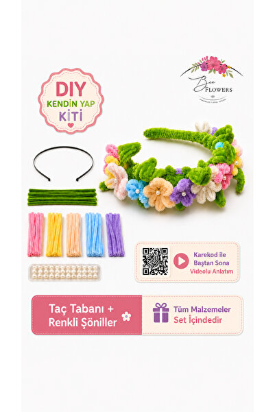 Bee Flowers Kendin Yap Şönil Çiçekli Taç Yapım Kiti Videolu Anlatımlı DIY Hobi Seti
