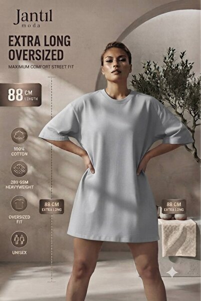 JANTIL MODA Women's Oversize Cut Printed Long Tunic T-Shirt - Crew Neck
