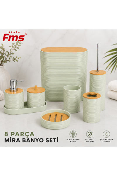 FMS ميرا 8 قطع |   طقم حمام عصري |   غطاء من الخيزران |   أخضر |