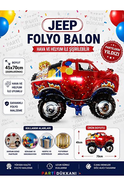 Parti Dükkanı Jeep Car Foil Balloon 45 X 70 cm Red Monster Truck Helium Compa...
