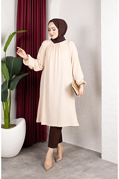 sefamerve Bürümcük Fabric Raglan Sleeve Long Tunic 0902-01 Ecru