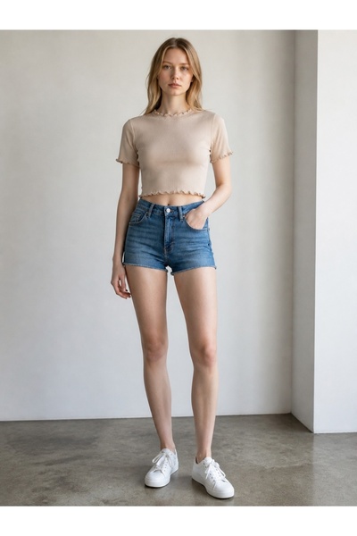 Edelweiss Modal Ruffle Detailed Basic Crop Tshirt