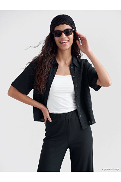 LC Waikiki Γυναικείο πουκάμισο XSIDE Μαύρο Oversize Μουσελίνα