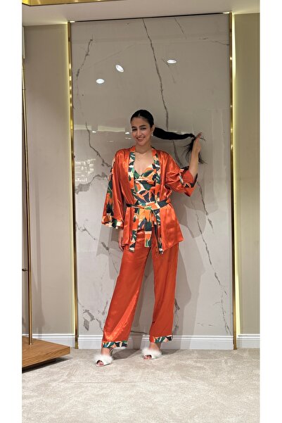 DAWN LİNE 3-Piece Women's Orange Patterned Satin Dressing Gown Pajama Set |  ...
