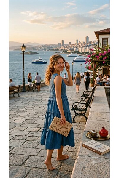 ASALEA Women's Blue Denim Look Sleeveless V-Neck Buttoned Layered Long Dress ...