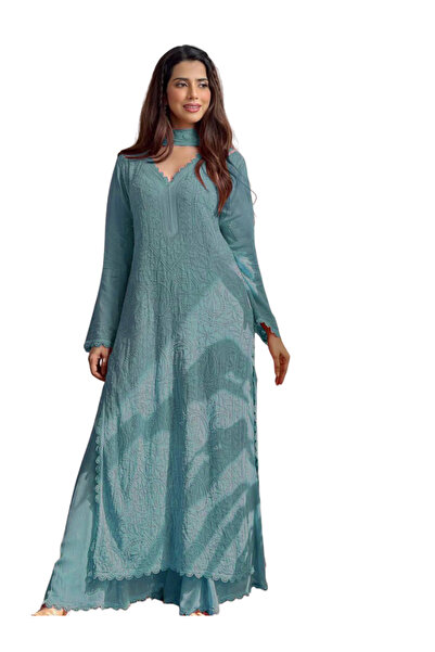 MYSMAR Blue-Green Faux Georgette Kameez Salwar Dupatta - HRT2612 | Blue-Green...