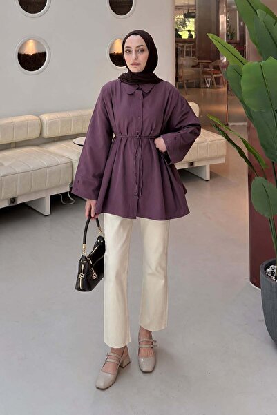 lamelif Fake Cuff Shirt with Tie Detail Plum