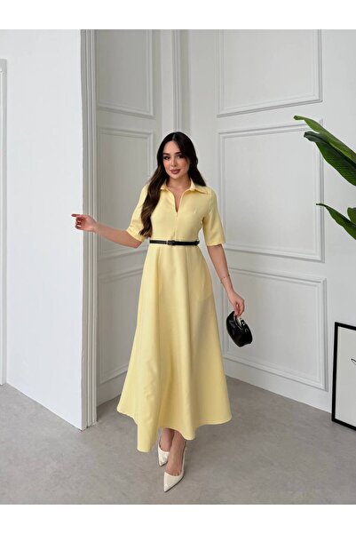 Nura Boutique Kısa Kol Göğüs Fermuarlı Gömlek Yaka Maxi Kadın Elbise
