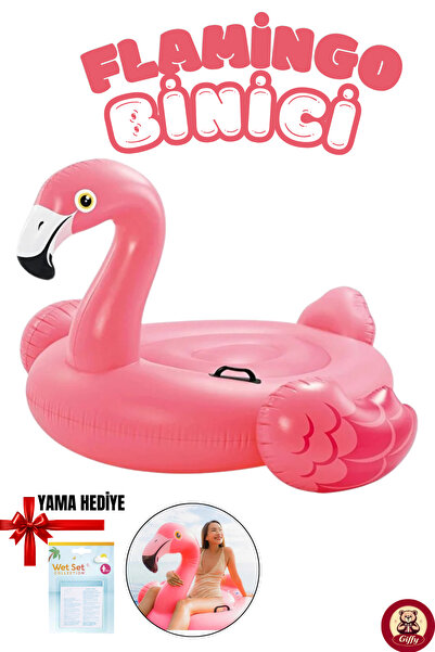 giffy Büyük Boy Flamingo Binici Şişme Deniz Yatağı 140x125x90 cm 2 Tutma Koll...