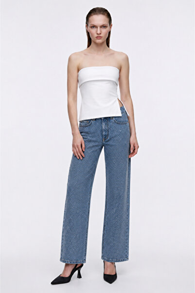 HAKKE High Waist Stone Detailed Straight Jean Pants