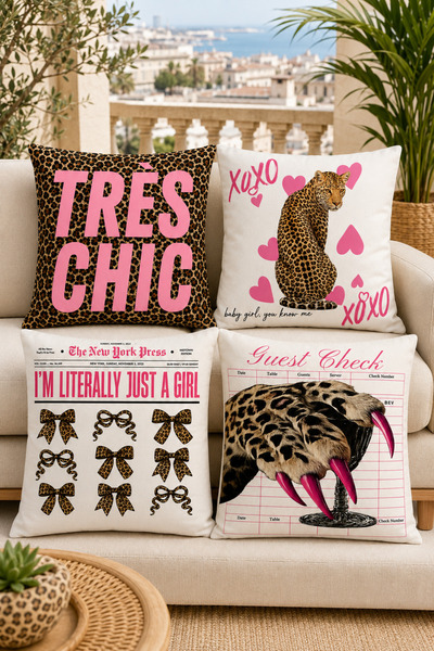 stellahomes Leopard and Pink Text Patterned Decorative Throw Pillow Covers Se...