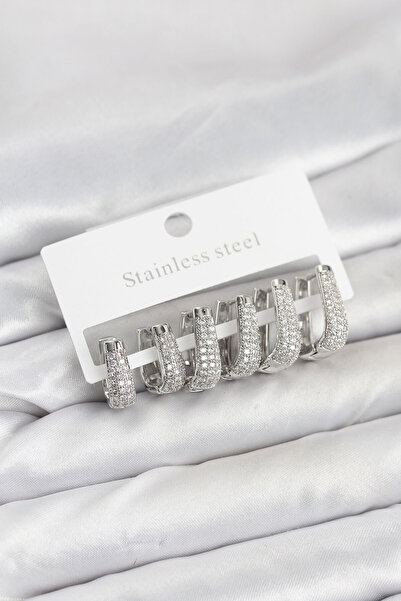 Mega Bazaar 316L Steel Silver Color Zircon Stone Drop Hoop Earrings Set