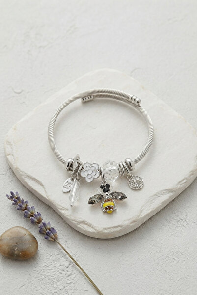 Lisinya Silver Color Bracelet with Bee and White Flower Charms -