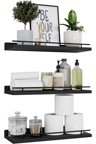 Arabest Floating Wall Shelves,Set of 3,Black Metal Guardrail,for Bedroom,Bath...