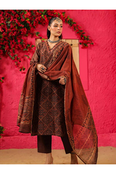 MYSMAR Rust Viscose Kameez Salwar & Dupatta - VRN1014 | Rust-Size:S-36-Inches
