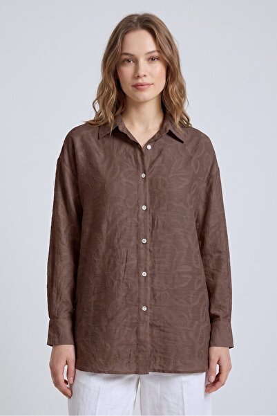 Saade Brown Oversize Embossed Leaf Motif Flowy Shirt