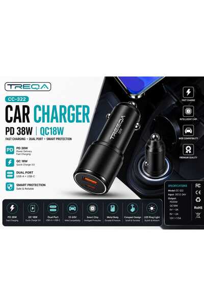 OEM Încărcător Auto TREQA CC-322 38W PD + QC 3.0, USB-C + USB-A, Încărcare Ra...