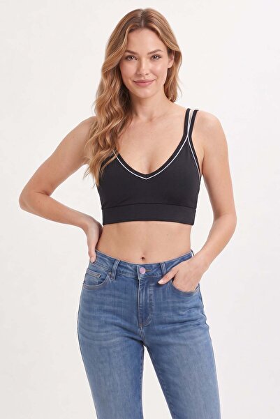 Tudors Women's Slim Fit Cross-Tie Strap V-Neck Black Crop Top