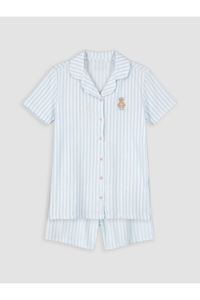 LC Waikiki Embroidered Striped Collared Girls' Pyjamas Set