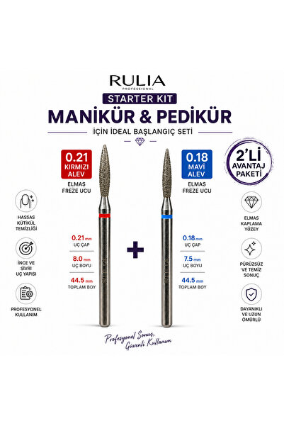 Rulia Professional Kuru Manikür Başlangıç Seti 0.18 Mavi + 0.21 Kırmızı Alev ...