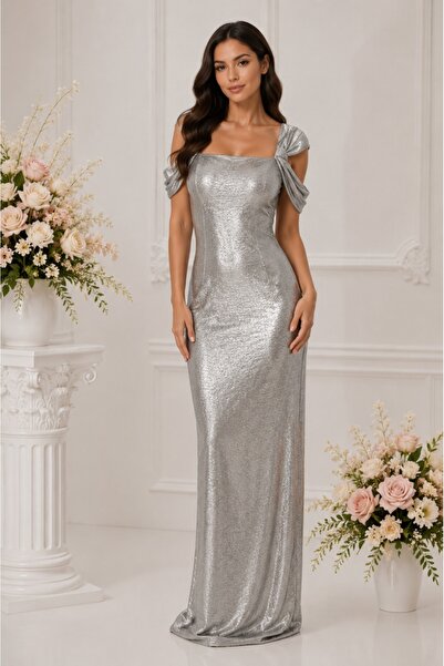 OEM Rochie fashion de culoare argintie, model lung cu decupaje