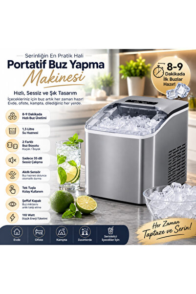 Yevda Portatif Buz Makinesi – 110W, 1,3 L Su Tanklı, 2 Buz Boyutlu, Hızlı ve ...
