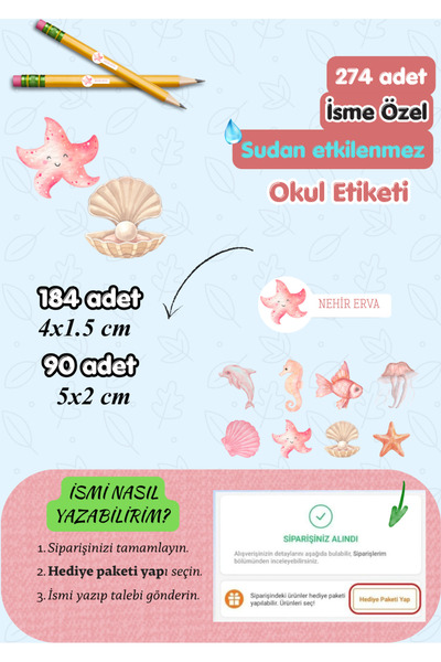 MirayDesign Okul Etiketi 274 Adet Pembe Deniz Temalı-Kişiye Özel Sudan Etkile...