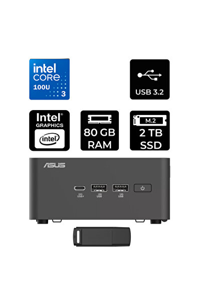 ASUS NUC 15 Pro Tall Intel Core 3-100U 80GB RAM 2TB SSD FreeDOS RNUC15CRHI300002P339 Mini Masaüstü Bilgisayar + PER4 USB BELLEK