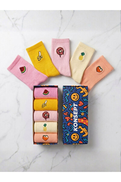 Konsept Pastel Series Embroidered 5-Piece Boxed Tennis Socks Set