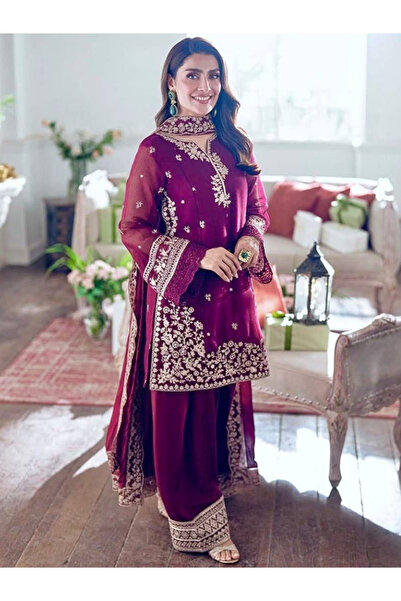 MYSMAR Maroon Heavy French Crepe Embroidered Palazzo Suit Set - FFT6886 | Mar...