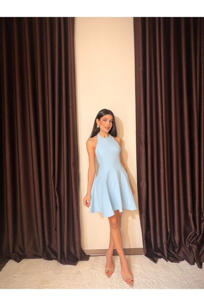 LOISY Kadın Halter Yaka Volanlı Mini Elbise