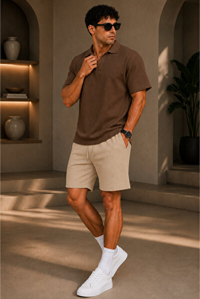 FECCY Premium Ribbed Ottoman Fabric Polo Collar Unisex T-Shirt and Shorts Set...