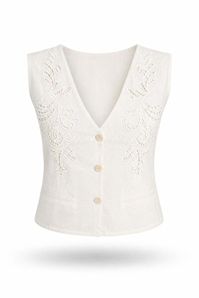 5in1Canpolat Ecru Fisto Embroidered Vest 6321