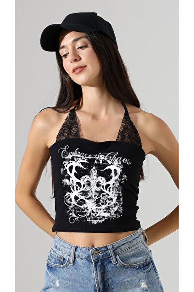 Violon Crni haos gotički print detaljan crni čipkani crop top sa dodatnim nar...