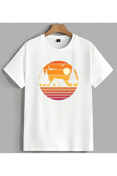 ELFERA Kamp Dogasi Cizgi Seni Gunes Printed Unisex Oversize T-Shirt White