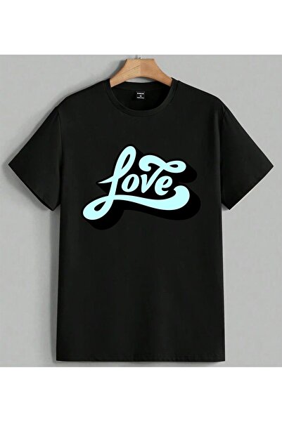 ELFERA Love Yazisi Blue Script Printed Unisex Oversize T-Shirt Black