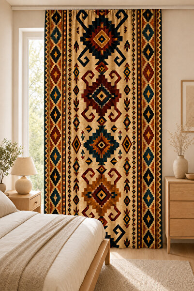stellahomes **Ethnic Kilim Patterned Decorative Background Curtain with Corni...