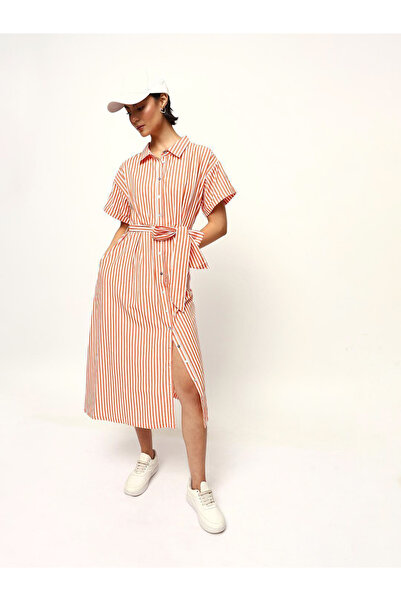 High Star By Styli Orange Striped Midi Dress with Tie-Belt