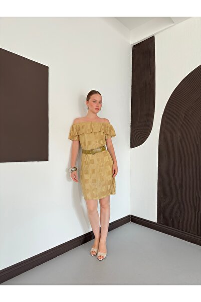 VERYMODA Beige Off-The-Shoulder Flounce Pleated Belted Dress