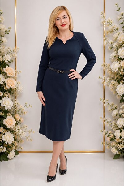 OEM Rochie bleumarin din material gros, cu detalii din piele ecologica