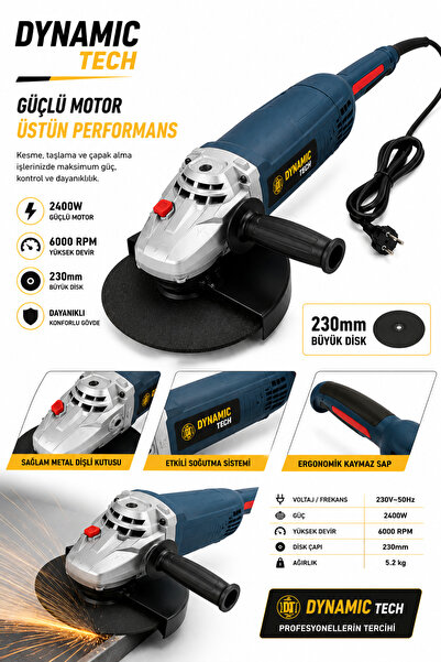 DynamicTech Profesyonel 2400W 230 mm Profesyonel Büyük Avuç Taşlama Makinesi Spiral 6000 RPM Metal Gövde