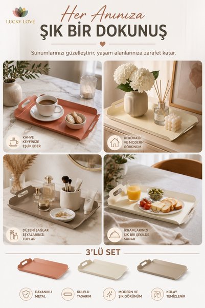 Lucky Love 3-Piece Metal Presentation Tray Set with Handles, Serving Tray, Coffee Serving and Decorative Tray