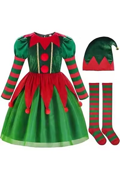 Funny Party Shop Костюм на коледно джудже за момичета, рокля, шапка и чорапи,...