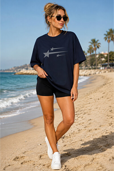 FECCY Tricou oversize pentru femei cu imprimeu Premium Stars, din bumbac